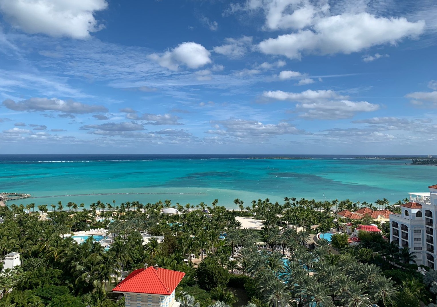 hotel com coqueiral e mar ao fundo